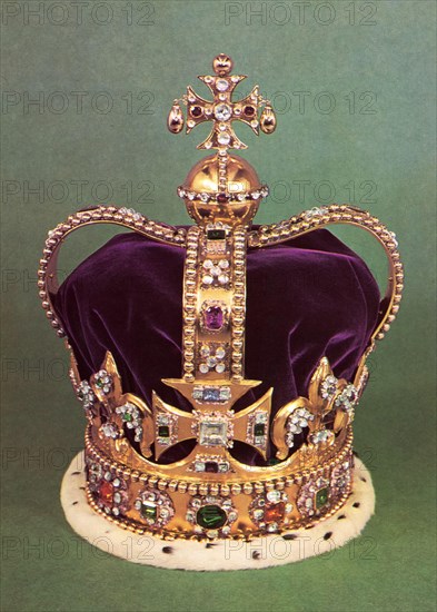 St Edward's Crown. St Edward's Crown is the centrepiece of the Crown Jewels of the United Kingdom. Named after Saint Edward the Confessor (c1003-1066), versions of it have traditionally been used to crown English and British monarchs at their coronations since the 13th century. The original crown was a holy relic kept at Westminster Abbey, Edward's burial place, until the regalia were either sold or melted down when Parliament abolished the monarchy in 1649, during the English Civil War. The current St Edward's Crown was made for Charles II in 1661.