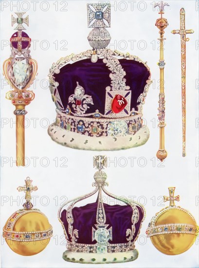 An illustration of a selection of the Crown Jewels of the United Kingdom, c1930. By William Heath Robinson-á(1872-1944). The illustration features, clockwise from top left: Sovereign's Sceptre with Cross, Imperial State Crown, Sovereign's Sceptre with Dove, Sword of Offering, Queen Mary II's Orb, Crown of Queen Mary, Sovereign's Orb.