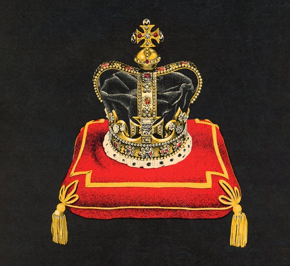 An illustration of Saint Edward's Crown, 1953. An illustration from the time of the coronation of Queen Elizabeth II (1926-2022). St Edward's Crown is the centrepiece of the Crown Jewels of the United Kingdom. Named after Saint Edward the Confessor (c1003-1066), versions of it have traditionally been used to crown English and British monarchs at their coronations since the 13th century. The original crown was a holy relic kept at Westminster Abbey, Edward's burial place, until the regalia were either sold or melted down when Parliament abolished the monarchy in 1649.