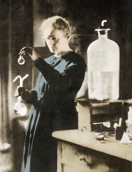 Marie Curie 1867 - 1934 Polish French physicist in her laboratory. With her husband Pierre she isolated the radioactive elements