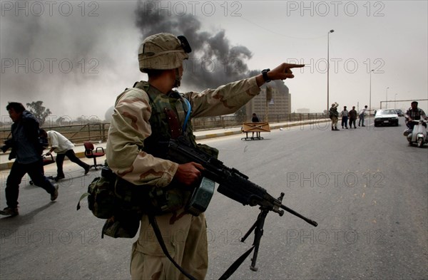 Iraq War April 2003 Baghdad American marines take postions in Eastern Baghdad whilst liberating the city