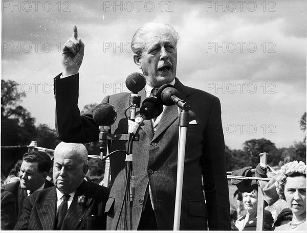 Prime Minister Harold MacMillan speaking at a 1963 Conservative Fete in Bromley Kent Having come to power in 1959 with the slogan You ve never had it so good Supermac was having it badly by the summer of 1963 By July the Profumo Scandal had culminated in the suicide of Stephen Ward the September Denning Report blamed Macmillan for his failure to handle the affair in October Macmillan was hospitalised and resigned power to the Earl of Home who resigned his peerage to serve but lost the following year s election to Labour s Harold Wilson
