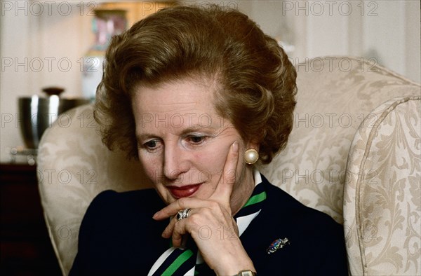Prime Minister Margaret Thatcher pensive expression private session in her sitting room at 10 Downing Street in London 1980s