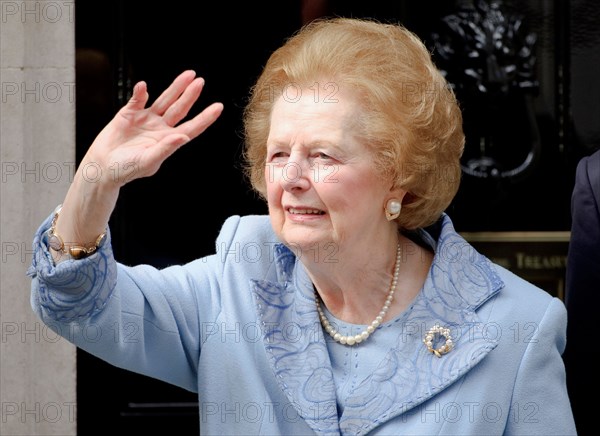 Prime Minister David Cameron meets former Conservative Prime Minister Baroness Margaret Thatcher at Downing Street, London.