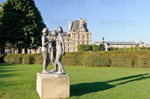 Three nude female sculptures in Jardin des Tuileries - 'Les Trois Grâces' by Aristide Maillol, Paris, France.