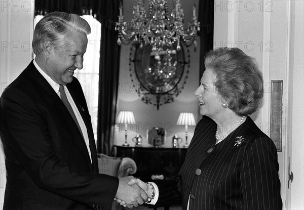 April 1990 Former Prime Minister Margaret Thatcher pictured at her then Downing St residence with Boris Yeltsin.
