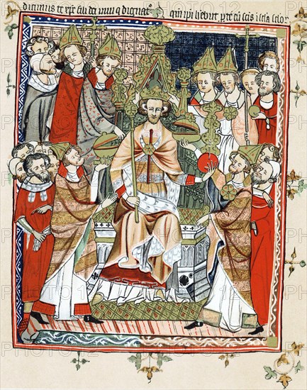 Coronation and unction of a king, from a French 'life' of Edward the Confessor (d1066) of c1245. Probably portrait of Henry III of England crowned 1216 at Gloucester and 1220 at Westminster. Chromolithograph after medieval manuscript.