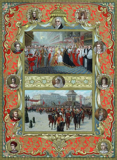 Victoria (1819-1901) queen of England from 1837 and Empress of India from 1876. Coronation in Westminster Abbey, 28 June 1837. Archbishop of Canterbury placing crown on queen's head (top); Jubilee procession 22 June 1887 (bottom); surrounding portraits: top; Duke of Kent (father), William IV, Duchess of Kent (mother), left; Mary Queen of Scots, Mary II, Henry III, Edward III, George III. Oleograph published at time of her Golden Jubilee in 1887