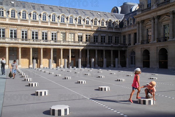 Paris France,1st arrondissement,Palacio Real de París,Royal Palace,Daniel Buren art piece Les Deux Plateaux,Les Colonnes de Buren,courtyard,girl girls