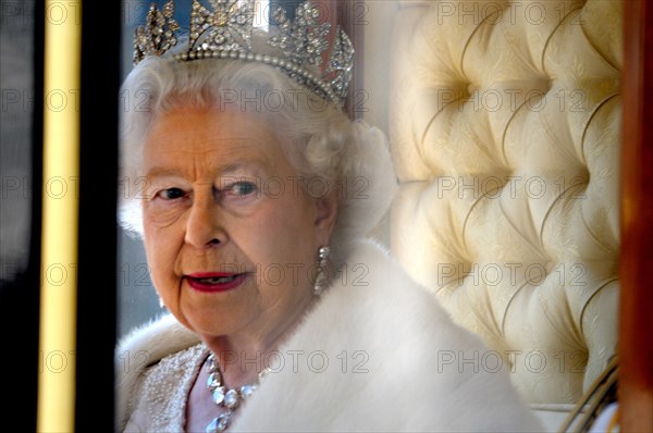 London, UK. HM Queen Elizabeth II leaving the State Opening of Parliament, 27th May, 2015. Wearing her Diamond Diadem Tiara