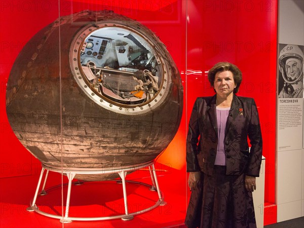London, UK. 17/09/2015. Valentina Tereshkova opens the exhibition and is reunited with Vostok-6, the actual spacecraft that took her into space. The exhibition Cosmonauts - Birth of the Space Age opens at the Science Museum on 18 September 2015 and runs until 13 March 2016.