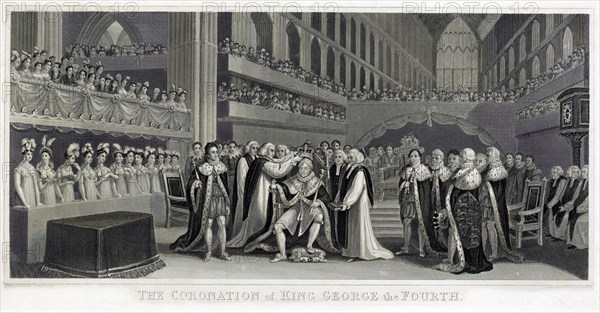 The coronation of King George IV of England in 1820; engraved by J. Chapman from a painting by J. Fussell.