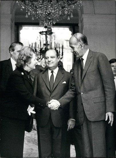 1979 - The annual meeting between France and Britain was held today in Paris. British Prime Minister Mrs. Thatcher was accompanied by her Ministers of Foreign Affairs, of Finances, and of Commerce and Industry. Margaret Thatcher is pictured saying goodbye to President Valery Giscard D'Estaing in the presence of France's Prime Minister Raymond Barre (center) (Credit Image: © Keystone Pictures USA/ZUMAPRESS.com)