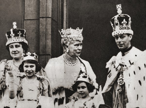 King George VI and his wife Queen Elizabeth seen here on the balcony at Buckingham Palace, London, England the day of their coronation, 12 May, 1937, with their daughters Princess Margaret and Princess Elizabeth, future Queen Elizabeth II and the king's mother Mary of Teck.  George VI, 1895 ÔÇô 1952, King of the United Kingdom.  Elizabeth Angela Marguerite Bowes-Lyon, 1900 ÔÇô  2002. Queen consort of the United Kingdom as the wife of King George VI.  Princess Margaret, later Countess of Snowdon, 1930 ÔÇô 2002.  Princess Elizabeth, later Queen Elizabeth II, 1926 - 2022. Mary of Teck, 1867 ÔÇô 1953.