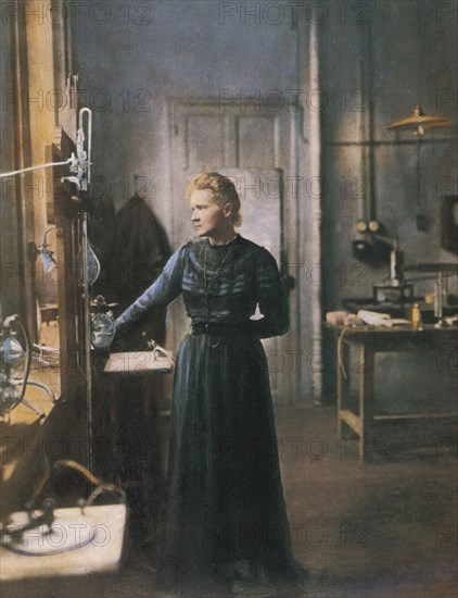 Portrait of Marie Curie in her laboratory. Curie (1867-1934) was a Polish-French chemist and physicist and a pioneer of radiology. She was the first person to receive two Nobel Prizes (chemistry and physics) and also the first to be awarded these prizes i