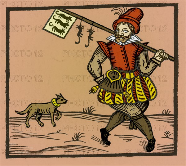 A rat catcher with flag, ensign of his trade. Keeping the rat population under control was practiced in Europe to prevent the spread of diseases to man, most notoriously the Black Plague and to prevent damage to food supplies.