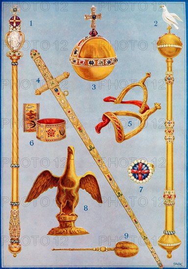 The Crown Jewels.  1. The King's Sceptre with the Cross. 2. The Sceptre with Dove. 3. The King's Orb. 4. The Jewelled Sword of State. 5. The Golden Spurs of St. George. 6. The Bracelets. 7. The Coronation Ring. 8. The Ampulla or Golden Eagle. 9. The Anointing Spoon.  From Their Gracious Majesties King George VI and Queen Elizabeth, published 1937.
