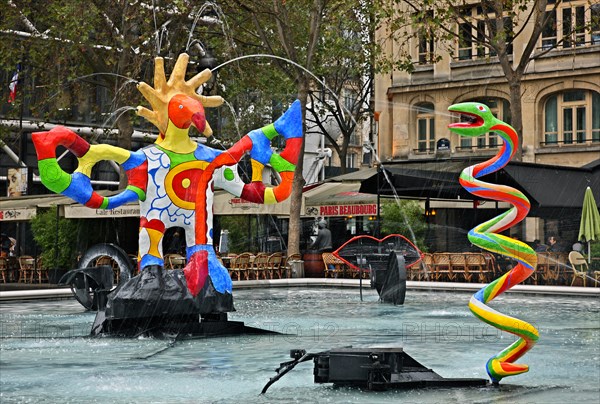 Modern sculpture at the fountain of Place Igor Stravinsky, outside the Centre Pompidou, Paris France.