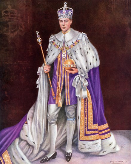 George VI, 1895 ÔÇô 1952.  King of the United Kingdom and the Dominions of the British Commonwealth. Seen here on the day of his coronation in 1936 wearing the Coronation robes and the crown and holding the Orb and Sceptre.