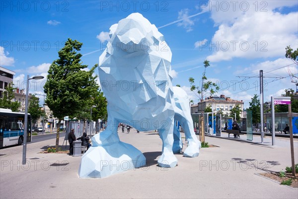 The blue lion sculpture by Xavier Veilhan, Place Stalingrad, Bordeaux, Gironde, Aquitaine, France