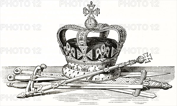 Old illustration of Saint Edward's crown. By unidentified author, published on Magasin Pittoresque, Paris, 1838
