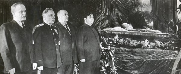 1953, Moscow, Russia - Joseph Stalin at the House of the Union, Mar 8, 1953. Beside his casket L-R: V.W. Molotov; K.E. Voroshilov; P. Beria; and C.M. Malenkov.