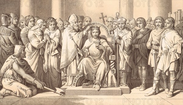 Coronation of Harold Godwinson, AD 1066.  Anglo-Saxon King Harold II