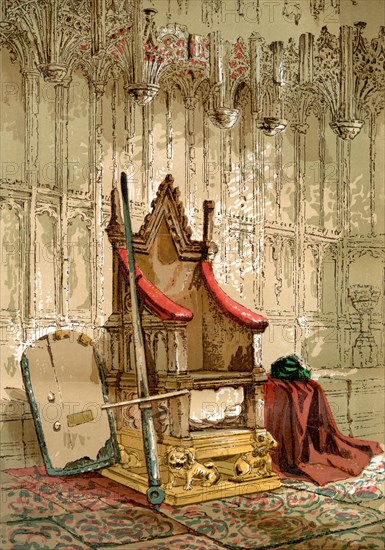 The Coronation Chair, Westminster Abbey, City of Westminster, London, England. Here seen with the Stone of Scone which was returned to Scotland in 1996.  From Old England: A Pictorial Museum, published 1847.