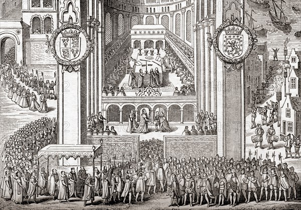 The coronation of James I. James VI and I, 1566 ÔÇô  1625.  King of Scotland as James VI from 24 July 1567 and King of England and Ireland as James I from 24 March 1603 - 1625.  From Old England: A Pictorial Museum, published 1847.  From Old England: A Pictorial Museum, published 1847.