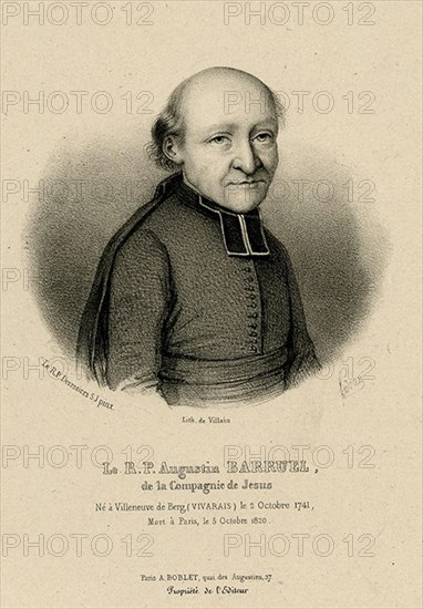 . Français : Augustin Barruel, par Auguste Pidoux (1809-1870), d'après Desrosiers. Lithographie publiée à Paris par A. Boblet.  . 1825. Auguste Pidoux (1809-1870), d'après Desrosiers Augustin Barruel - lithographie