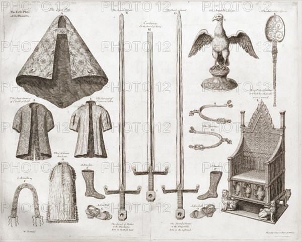 . English: The first plate of the regalia of the British Crown: the open pall, the supertunica of gold cloth, the surcoat of crimson satin, an armilla, the colobium sindonis, a buskin, a sandall, the spurs, the ampulla or eaglet, the anointing spoon, King Edward's Chair, the curtana or the sword of mercy, the second sword, the third sword. Photograph of an engraving made by Francis Sandford (1630 ÔÇô 1694), of the coronation of James II, 23 April 1685. Original 53 x 43 cm. 23 April 1685. Francis Sandford (1630 ÔÇô 1694) 1045 Regalia of King James II first plate