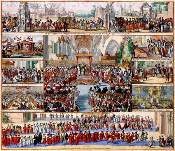 William III and his wife Mary Stuart were crowned as King and Queen of England during a session of the British House of Lords on 11 April 1689. Romeyn de Hooghe (1645-1708) documented this day in the beautiful print with 9 scenes of the coronation, from the fetching of the Crown Jewels from the Tower of London to the bonfires on the River Thames. The coronation itself is depicted in the middle of the print.