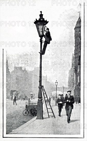 An engraving depicting a London lamplighter and his assistant recharging the reservoirs of oil street lamps. Dated 19th century