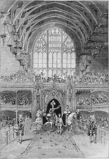 Engraving of the coronation of George IV in Westminster Hall, London, England, from the book 'Old and new London: a narrative of its history, its people, and its places' by Thornbury Walter, 1873. Courtesy Internet Archive. ()