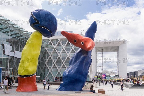 La Defense art sculptures - artwork of Joan Miro "Deux personnages fantastiques" (1976) in La Defense district of Paris, France, Europe.