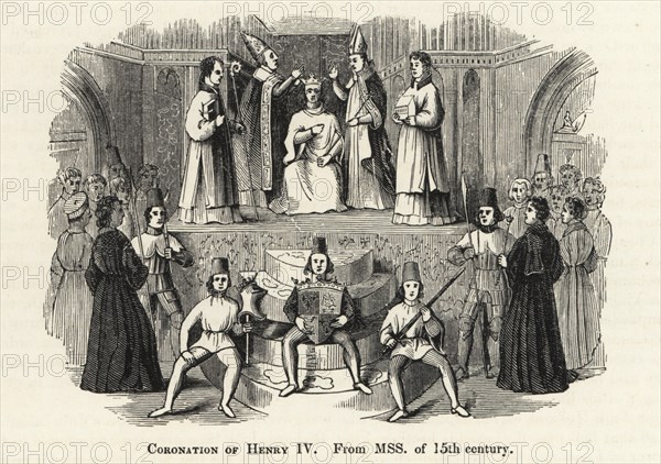 The coronation of King Henry IV (1367-1413) of England, 1399. The king is crowned by bishops in Westminster Abbey, while pages hold his coat of arms, helm and sword. Woodcut after an illuminated manuscript from Sir John Froissart's Chronicles of England, France, Spain and the Adjoining Countries, from the Latter Part of the Reign of Edward II to the Coronation of Henry IV, George Routledge, London, 1868.