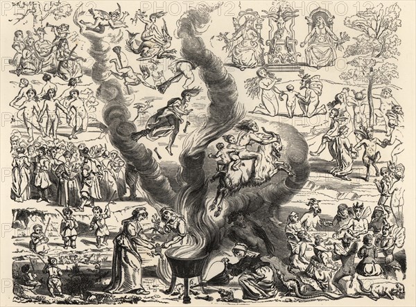 The Witches’ Sabbath based on reports from the Tribunal of Arras, 1460. Naked witches riding brooms and goats, dancing with fauns, holding snakes, playing music, boiling frogs and snakes in a cauldron. From a 16th century engraving. Legende du sabbat. Woodcut by Etienne Huyot and Jules Huyot from Paul Lacroix’s La Vie Militaire et Religieuse au Moyen Age et a l’Epoque de la Renaissance, Military and Religious Life in the Middle Ages and the Renaissance, Paris, 1873.
