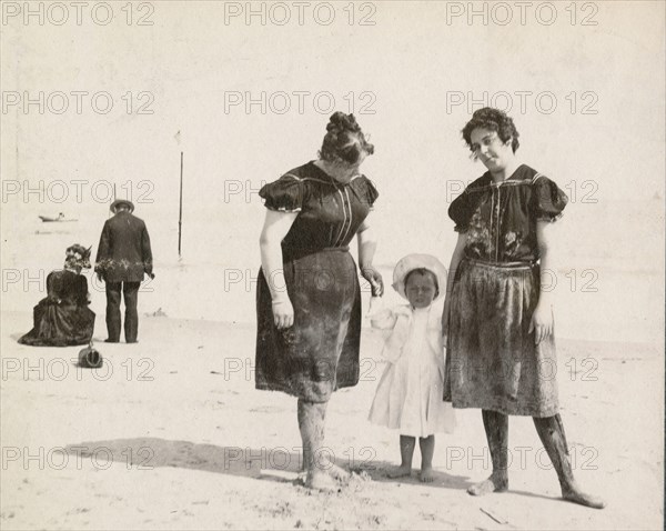 Antique 1898 photograph, Victorian mother and aunt with boy in sailor outfit at Manhattan Beach, Brooklyn, New York. SOURCE: ORIGINAL PHOTOGRAPH