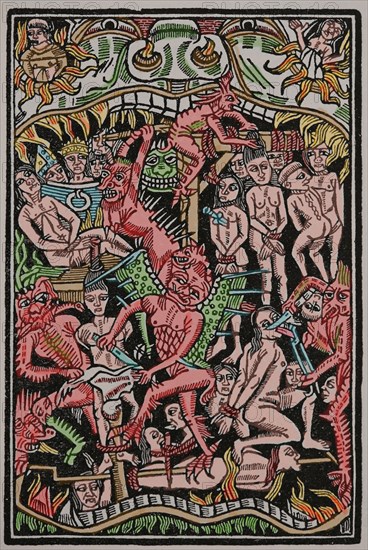 Medieval representation. Hell. Torments of sinners. Engraving.  Later colouration.