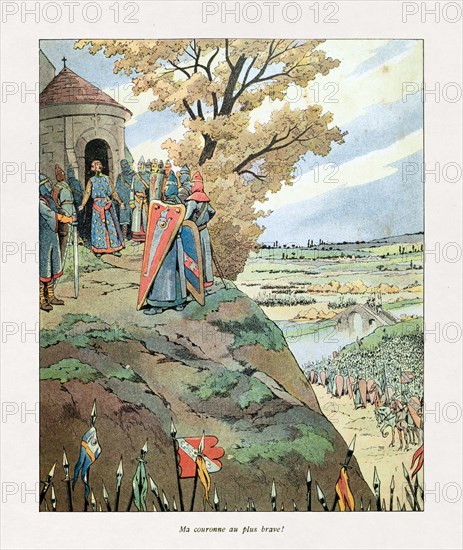Illustration of Philip II of France offering his crown to the most valiant by Job published in the late 19th century.