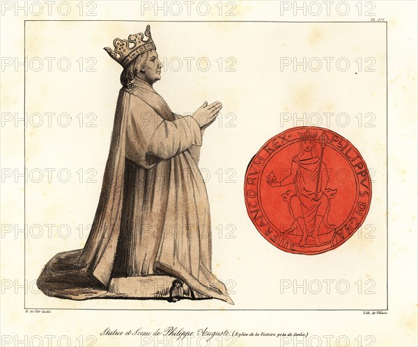 Figure and seal of Philip II, Philip Augustus, King of France, 1165-1223, from the Abbaye de la Victoire. Statue et Sceau de Philippe Auguste (Eglise de la Victoire pres de Senlis). Handcoloured lithograph by Villain after an illustration by Horace de Viel-Castel from his Collection des costumes, armes et meubles pour servir à l'histoire de la France (Collection of costumes, weapons and furniture to be used in the history of France), Treuttel & Wurtz, Bossange, 1829.