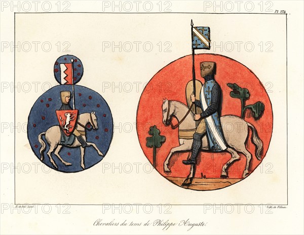 Knights of the time of King Philip II of France, 1165-1223. Knights in helm, tunic, chain-mail hauberk, with shield and banner with coat of arms. Chevaliers du tems de Philippe Auguste. Handcoloured lithograph by Villain after an illustration by Horace de Viel-Castel from his Collection des costumes, armes et meubles pour servir à l'histoire de la France (Collection of costumes, weapons and furniture to be used in the history of France), Treuttel & Wurtz, Bossange, 1829.