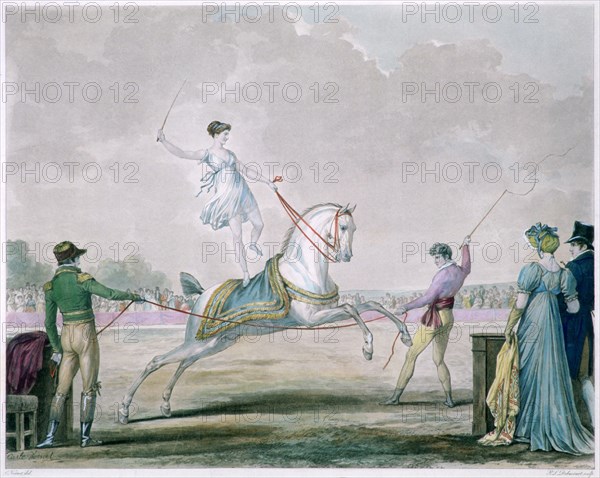 Exercises of the Circus Horse', c1818-1836. Artist: Carle Vernet. Antoine Charles Horace Vernet (1758-1836) was a French painter born in Bordeaux. Showing talent from a young age, Vernets equestrian artworks were popular, he continued painting up until the French Revolution.
