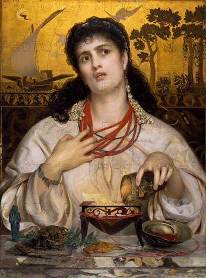 Medea, 1868 Artist: Frederick Sandys, Greek legend describes Medea as a sorceress and the wife of Jason. When he deserted her for another woman, Medea poisoned both her rival (Glauce) and her two children., Art Movement, Pre-Raphaelite, Greek Mythology, Oil Painting, Magic, Animal, Toad