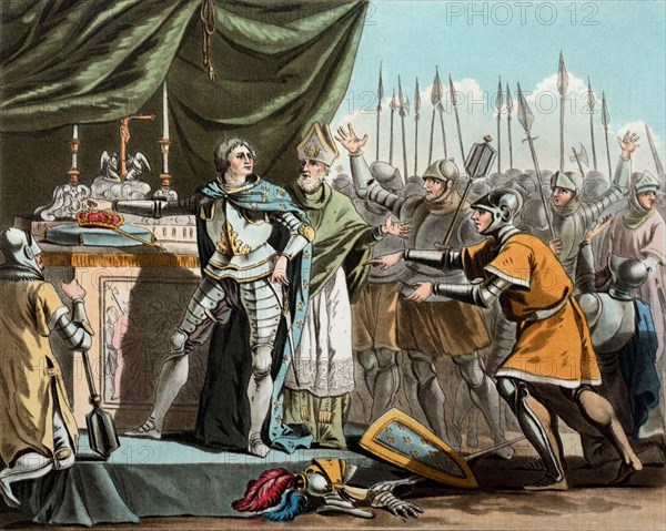 King Philip II of France, Philip Augustus (1165-1223) King of France at Battle of Bouvines (27 July 1214) a Decisive French Victory during Anglo-French War (Engr 1790) (Desfontaines,Moret) Engraving or Illustration