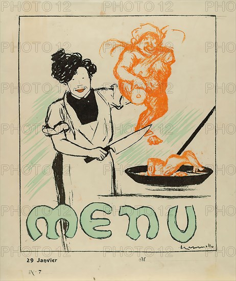 Leonetto Cappiello, menu, paper, lithography, total: height: 27,4 cm; width: 23 cm, signed: in the printing plate: Cappiello, illustrations, caricatures/spot pictures, cook, woman, butcher, butcher, cooking/preparing food