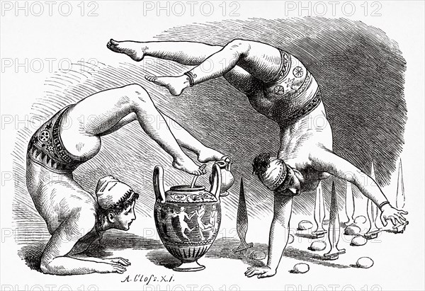 Women who do gymnastics, the dance of swords and the operation of filling vessels with their feet, ancient Greek traditions. Ancient Greece. Old 19th century engraved illustration, El Mundo Ilustrado 1880