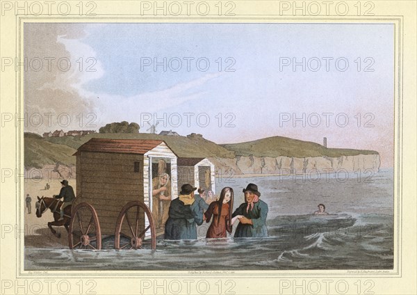 The Costume of Yorkshire by George Walker, Sea Bathing at Scarborough, Young woman using a Bathing machine