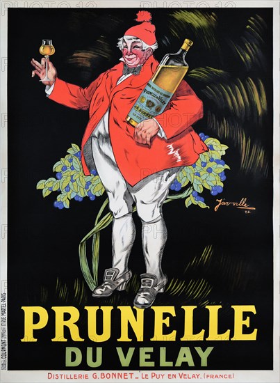 Vintage advertisement for alcohol. Prunelle du Velay. Author: Jarville. Distillerie G. Bonnet. French poster, 1922. Man holding a Prunelle bottle.