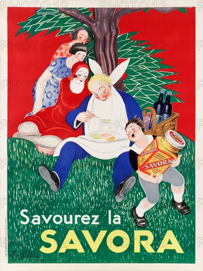 French Poster – Artwork by Leonetto Cappiello. High resolution. Digitally enhanced / improved. "Savourez la Savora" 1930 (mustard-based condiment)